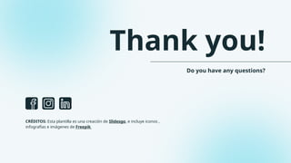 CRÉDITOS: Esta plantilla es una creación de Slidesgo, e incluye iconos ,
infografías e imágenes de Freepik
Thank you!
Do you have any questions?
 