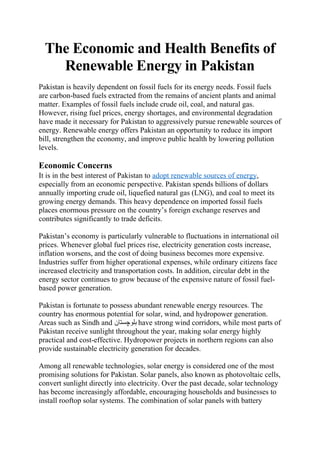 Economic and Health Benefits of Renewable Energy in Pakistan: A ...