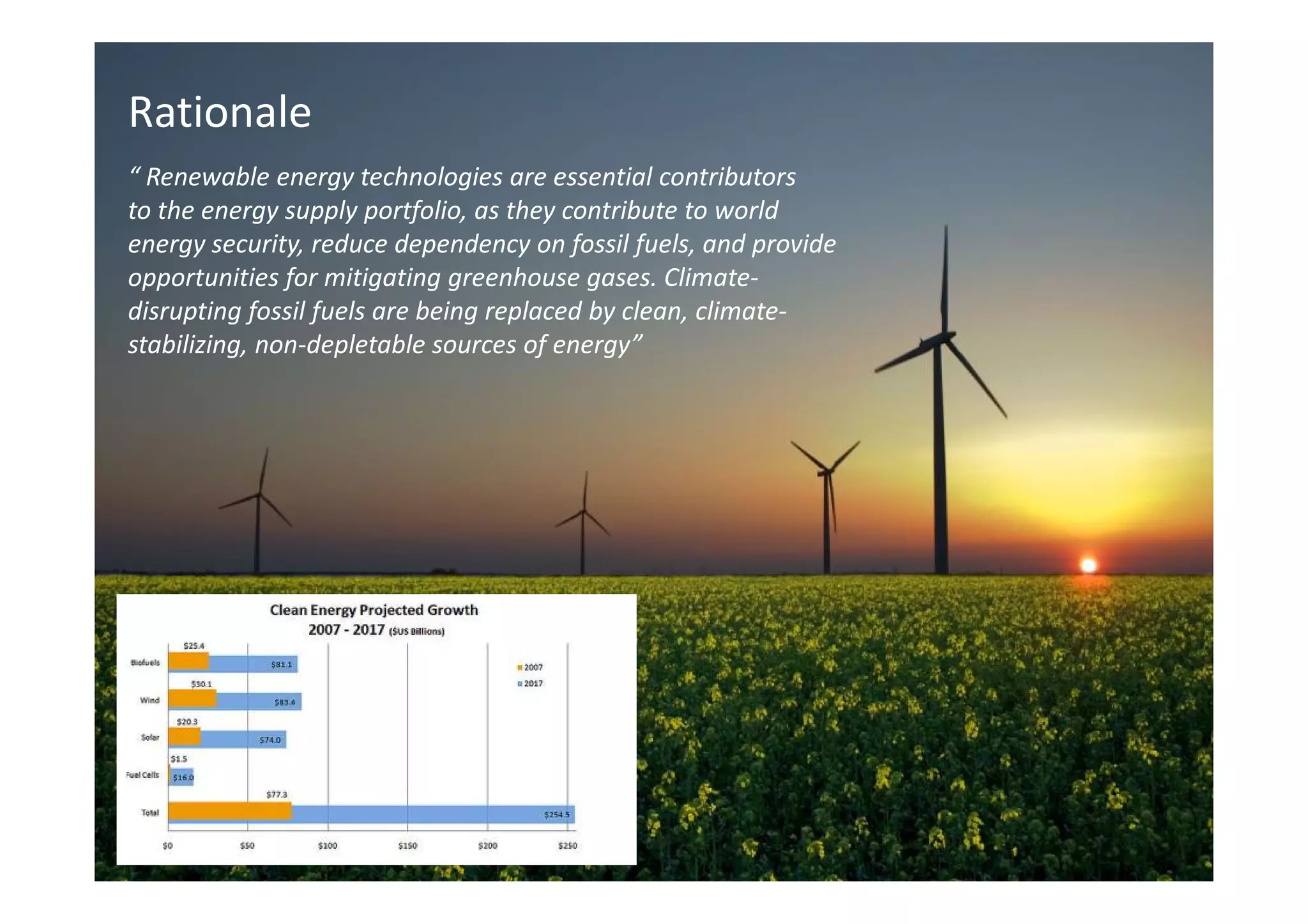 Rationale
“ Renewable energy technologies are essential contributors
to the energy supply portfolio, as they contribute to world
energy security, reduce dependency on fossil fuels, and provide
opportunities for mitigating greenhouse gases. Climate-
disrupting fossil fuels are being replaced by clean, climate-
stabilizing, non-depletable sources of energy”
 