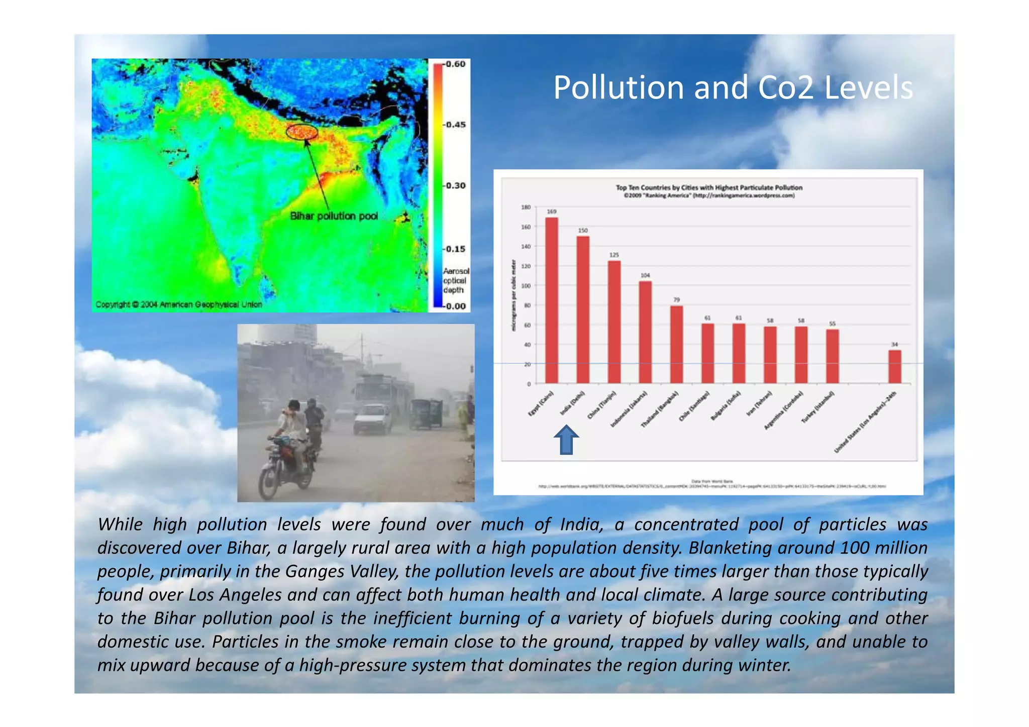 Pollution and Co2 Levels




While high pollution levels were found over much of India, a concentrated pool of particles was
discovered over Bihar, a largely rural area with a high population density. Blanketing around 100 million
people, primarily in the Ganges Valley, the pollution levels are about five times larger than those typically
found over Los Angeles and can affect both human health and local climate. A large source contributing
to the Bihar pollution pool is the inefficient burning of a variety of biofuels during cooking and other
domestic use. Particles in the smoke remain close to the ground, trapped by valley walls, and unable to
mix upward because of a high-pressure system that dominates the region during winter.
 