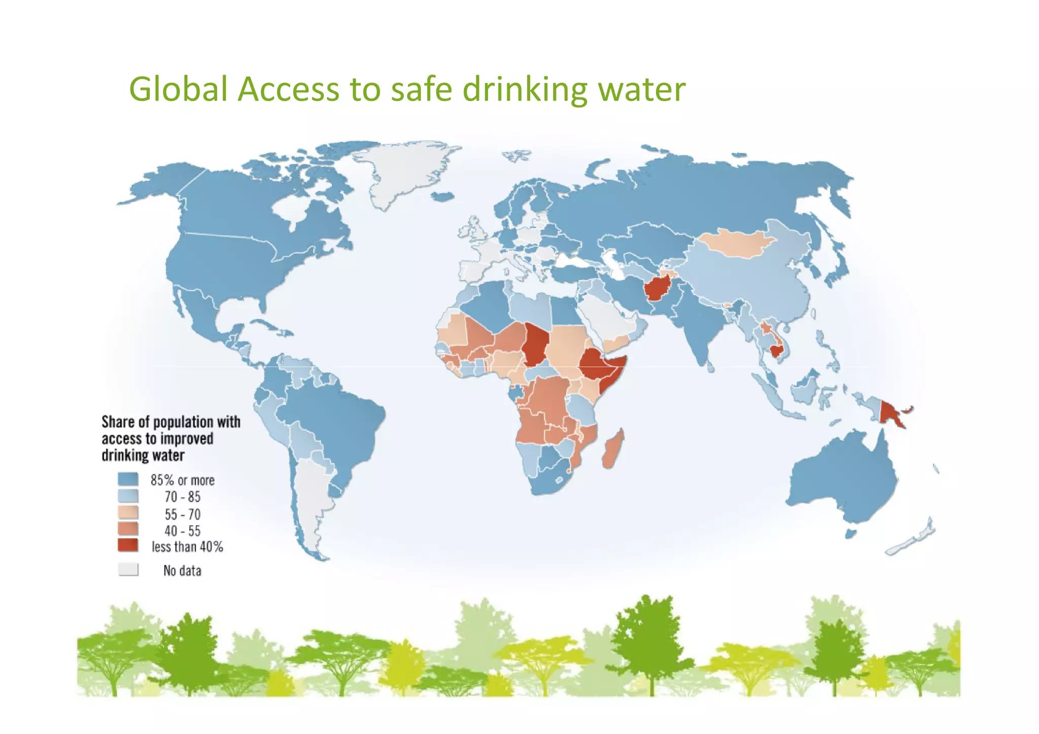 Global Access to safe drinking water




Fig 1.0 :The geographical distribution of the solar radiation   Fig 2.0 Availability of standardized evaluations of the wind
         incident on the earth's surface each year.                                    energy potential
 