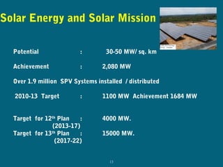 Solar Energy and Solar Mission
13
Potential : 30-50 MW/ sq. km
Achievement : 2,080 MW
Over 1.9 million SPV Systems install...