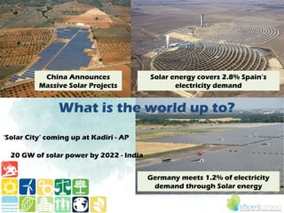China Announces               Solar energy covers 2.8% Spain’s
          Massive Solar Projects                electricity demand


                What is the world up to?
‘Solar City’ coming up at Kadiri - AP

  20 GW of solar power by 2022 - India


                                         Germany meets 1.2% of electricity
                                          demand through Solar energy
 