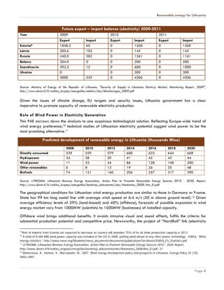 Renewable energy for Lithuania


                               Future export – import balance (electricity) 2009-2011
Year                         2009                                  2010                                2011
                             Export              Import            Export             Import           Export           Import
Estonia9                     1858.2              60                0                  1500             0                1500
Latvia                       305.6               105               0                  145              0                145
Russia                       240.0               382               0                  1561             0                1161
Belarus                      204.0               0                 0                  200              0                200
Scandinavia                  392.2               12                0                  600              0                1000
Ukraine                      0                                     0                  300              0                300
                             3000                559               0                  4306             0                4306

Source: Ministry of Energy of the Republic of Lithuania, "Security of Supply in Lihuanian Electricy Market. Monitoring Report, 2009",
http://www.ukmin.lt/lt/veiklos_kryptys/energetika/elektra/doc/Monitoringas_2009.pdf

Given the issues of climate change, EU targets and security issues, Lithuania government has a clear
imperative to promote capacity of renewable electricity production.

Role of Wind Power in Electricity Generation
This PAE narrows down the analysis to one auspicious technological solution. Reflecting Europe-wide trend of
wind energy preference,10 technical studies of Lithuanian electricity potential suggest wind power to be the
most promising alternative.11

                Predicted development of renewable energy in Lithuania (thousands Mtoe)
                                  2008          2010            2012           2014            2016           2018          2020
Directly consumed                 539           559             579            600             622            644           668
Hydropower                        34            38              39             41              42             43            44
Wind power                        11            33              54             86              128            148           200
Other renewables                  6             8               13             19              26             35            48
Biofuels                          74            121             160            206             257            317           390

Source: LITBIOMA, Lithuanian Biomass Energy Association, Action Plan to Promote Renewable Energy Sources 2010 - 2020, Report,
http://www.ukmin.lt/lt/veiklos_kryptys/energetika/bendrieji_dokumentai/doc/Ataskaitos_2008/Atsi_EI.pdf

The geographical conditions for Lithuanian wind energy production are similar to those in Germany or France.
State has 99 km long costal line with average wind speed at 6.4 m/s (50 m above ground level).12 Given
average efficiency levels of 29% (land-based) and 40% (offshore), forecasts of possible expansion in wind
energy market vary from 1000MW (scientists) to 1600MW (businesses) of installed capacity.
Offshore wind brings additional benefits. It avoids intrusive visual and sound effects, fulfils the criteria for
substantial production potential and competitive price. Newsworthy, the project of “NordBalt” link (electricity

9
  Role of imports from Estonia are expected to decrease as country will abandon 75% of its oil shale production capacity in 2013.
10
   A total of 8,484 MW wind power capacity was installed in the EU in 2008, putting wind ahead of any other power technology - EWEA, “Wind
energy statistics”, http://www.ewea.org/fileadmin/ewea_documents/documents/publications/factsheets/EWEA_FS_Statistics.pdf
11
   LITBIOMA, Lithuanian Biomass Energy Association, Action Plan to Promote Renewable Energy Sources 2010 - 2020, Report,
http://www.ukmin.lt/lt/veiklos_kryptys/energetika/bendrieji_dokumentai/doc/Ataskaitos_2008/Atsi_EI.pdf, 27.
12
   Markevicius, A., Katinas, V., Marciukaitis, M., 2007. Wind energy development policy and prospects in Lithuania. Energy Policy 35 (10),
4893–4901.



                                                                                                                                 Page 4
 