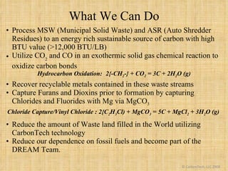 What We Can Do <ul><li>Process MSW (Municipal Solid Waste) and ASR (Auto Shredder Residues) to an energy rich sustainable ...