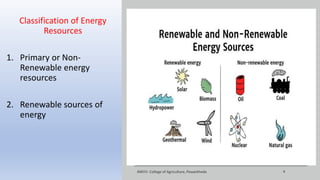 Classification of Energy
Resources
1. Primary or Non-
Renewable energy
resources
2. Renewable sources of
energy
JNKVV- College of Agriculture, Powarkheda 4
 