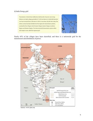 9
d) India Energy grid
Nearly 85% of the villages have been electrified, and there is a nationwide grid for the
transmission and distribution of power.
Source: www.geni.org
 