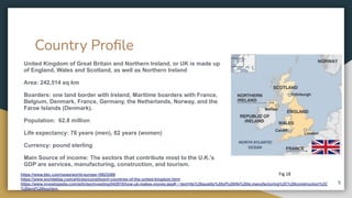 Country Proﬁle
United Kingdom of Great Britain and Northern Ireland, or UK is made up
of England, Wales and Scotland, as well as Northern Ireland
Area: 242,514 sq km
Boarders: one land border with Ireland, Maritime boarders with France,
Belgium, Denmark, France, Germany, the Netherlands, Norway, and the
Faroe Islands (Denmark).
Population: 62.8 million
Life expectancy: 78 years (men), 82 years (women)
Currency: pound sterling
Main Source of income: The sectors that contribute most to the U.K.'s
GDP are services, manufacturing, construction, and tourism.
https://www.bbc.com/news/world-europe-18023389
https://www.worldatlas.com/articles/constituent-countries-of-the-united-kingdom.html
https://www.investopedia.com/articles/investing/042915/how-uk-makes-money.asp#:~:text=Its%20quality%20of%20life%20is,manufacturing%2C%20construction%2C
%20and%20tourism.
5
Fig 18
 