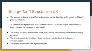 Energy Tariff Structure in UK
● The average unit price for dual fuel customers on standard variable tariffs subject to Ofgam’s
price cap which is:
34.0p/kWh (pence per kilowatt hour) for electricity and 10.3p/kWh for gas, inclusive of VAT,
from 1 October 2022 through to March 2023
● The energy price cap is determined by Ofgam company (Great Britain’s independent energy
regulator)
● The price is update the level every three months to reflect inflation and changes in
underlying costs.
● The energy price differs from region to another
53
 