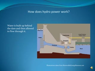 How does hydro power work?<br />Water is built up behind the dam and then allowed to flow through it.<br />The flow of wat...