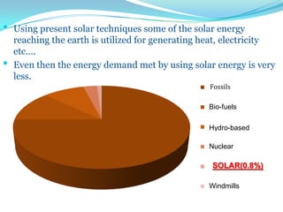 1st Qtr
2nd Qtr
3rd Qtr
4th Qtr
Bio-fuels
Hydro-based
Nuclear
SOLAR(0.8%)
Windmills
Fossils
• Using present solar techniques some of the solar energy
reaching the earth is utilized for generating heat, electricity
etc….
• Even then the energy demand met by using solar energy is very
less.
 