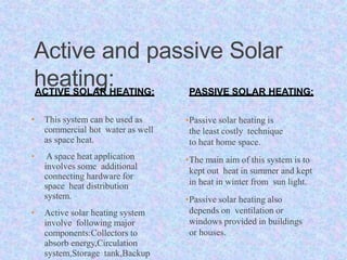 Active and passive Solar
heating:
ACTIVE SOLAR HEATING:
• This system can be used as
commercial hot water as well
as space heat.
• A space heat application
involves some additional
connecting hardware for
space heat distribution
system.
• Active solar heating system
involve following major
components:Collectors to
absorb energy,Circulation
system,Storage tank,Backup
PASSIVE SOLAR HEATING:
•Passive solar heating is
the least costly technique
to heat home space.
•The main aim of this system is to
kept out heat in summer and kept
in heat in winter from sun light.
•Passive solar heating also
depends on ventilation or
windows provided in buildings
or houses.
 