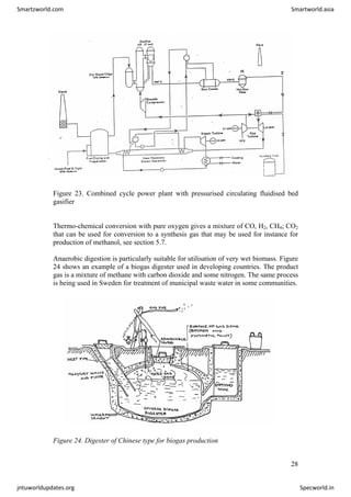 Figure 23. Combined cycle power plant with pressurised circulating fluidised bed
gasifier
Thermo-chemical conversion with pure oxygen gives a mixture of CO, H2, CH4; CO2
that can be used for conversion to a synthesis gas that may be used for instance for
production of methanol, see section 5.7.
Anaerobic digestion is particularly suitable for utilisation of very wet biomass. Figure
24 shows an example of a biogas digester used in developing countries. The product
gas is a mixture of methane with carbon dioxide and some nitrogen. The same process
is being used in Sweden for treatment of municipal waste water in some communities.
Figure 24. Digester of Chinese type for biogas production
28
Smartzworld.com Smartworld.asia
jntuworldupdates.org Specworld.in
 