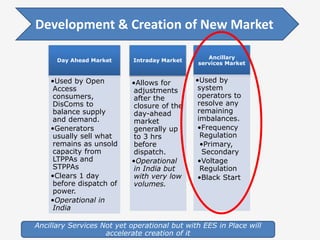 Day Ahead Market
•Used by Open
Access
consumers,
DisComs to
balance supply
and demand.
•Generators
usually sell what
remains as unsold
capacity from
LTPPAs and
STPPAs
•Clears 1 day
before dispatch of
power.
•Operational in
India
Intraday Market
•Allows for
adjustments
after the
closure of the
day-ahead
market
generally up
to 3 hrs
before
dispatch.
•Operational
in India but
with very low
volumes.
Ancillary
services Market
•Used by
system
operators to
resolve any
remaining
imbalances.
•Frequency
Regulation
•Primary,
Secondary
•Voltage
Regulation
•Black Start
Ancillary Services Not yet operational but with EES in Place will
accelerate creation of it
Development & Creation of New Market
 