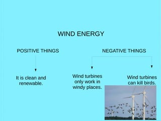 WIND ENERGY
POSITIVE THINGS NEGATIVE THINGS
It is clean and
renewable.
Wind turbines
only work in
windy places.
Wind turbines
can kill birds.
 