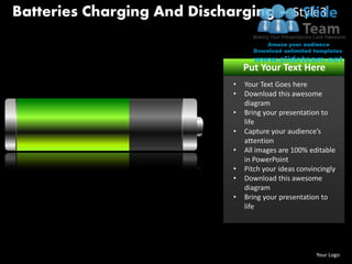 Batteries Charging And Discharging – Style3


                                   Put Your Text Here
                               •   Your Text Goes here
                               •   Download this awesome
                                   diagram
                               •   Bring your presentation to
                                   life
                               •   Capture your audience’s
                                   attention
                               •   All images are 100% editable
                                   in PowerPoint
                               •   Pitch your ideas convincingly
                               •   Download this awesome
                                   diagram
                               •   Bring your presentation to
                                   life




www.slideteam.net                                        Your Logo
 