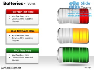 Batteries - Icons
          Put Your Text Here
      •   Your Text Goes here
      •   Download this awesome
          diagram



          Your Text Goes Here
      •   Your Text Goes here
      •   Download this awesome
          diagram




            Your Text Here
      •   Your Text Goes here
      •   Download this awesome
          diagram


www.slideteam.net                 Your Logo
 