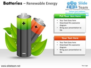 Batteries – Renewable Energy

                                Put Your Text Here
                            •   Your Text Goes here
                            •   Download this awesome
                                diagram
                            •   Bring your presentation to
                                life



                                  Your Text Here
                            •   Your Text Goes here
                            •   Download this awesome
                                diagram
                            •   Bring your presentation to
                                life




www.slideteam.net                                            Your Logo
 