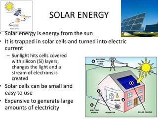 SOLAR ENERGYSolar energy is energy from the sunIt is trapped in solar cells and turned into electric current Sunlight hits cells covered with silicon (Si) layers, changes the light and a stream of electrons is createdSolar cells can be small and easy to useExpensive to generate largeamounts of electricity