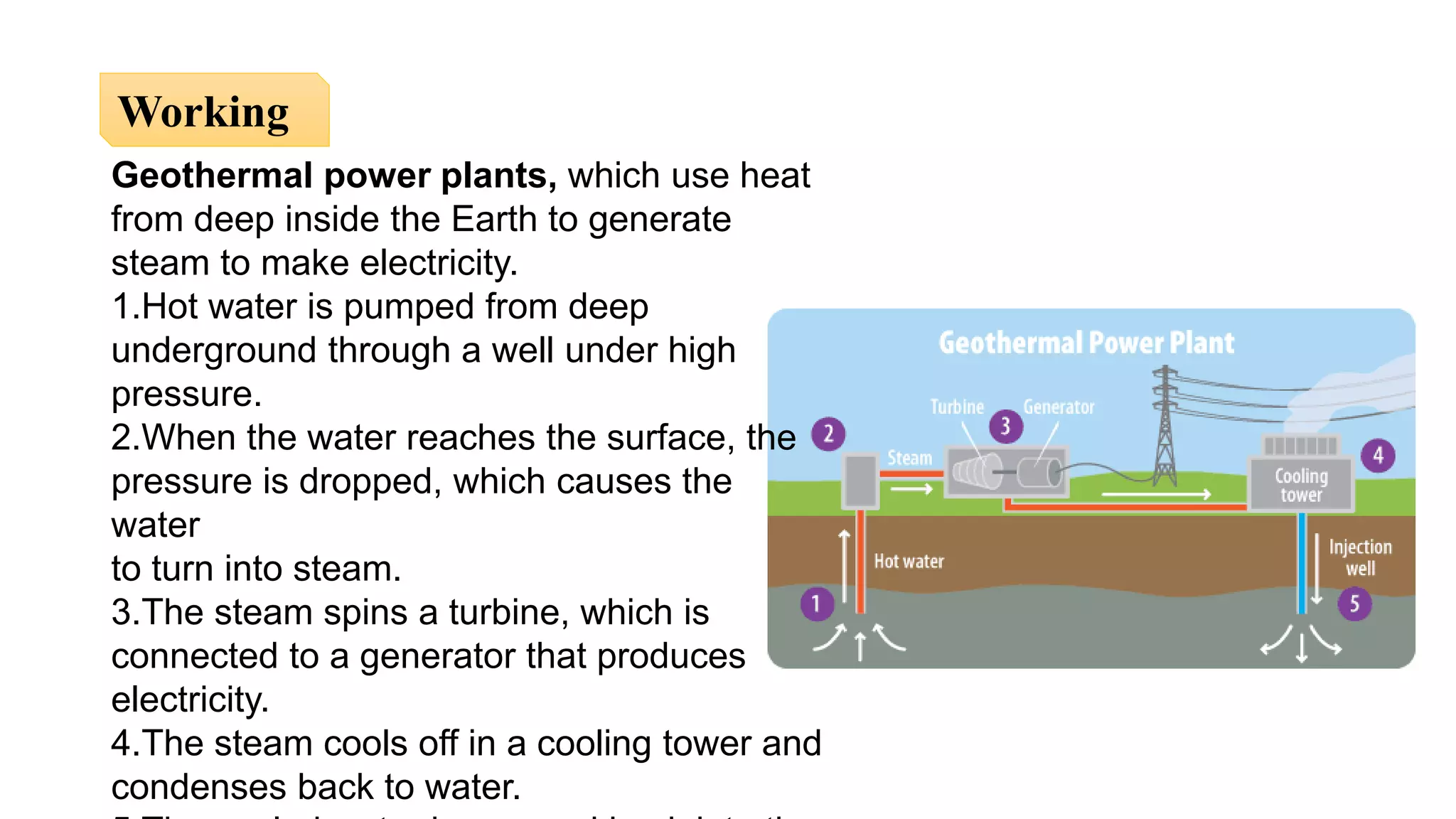Geothermal power plants, which use heat
from deep inside the Earth to generate
steam to make electricity.
1.Hot water is pumped from deep
underground through a well under high
pressure.
2.When the water reaches the surface, the
pressure is dropped, which causes the
water
to turn into steam.
3.The steam spins a turbine, which is
connected to a generator that produces
electricity.
4.The steam cools off in a cooling tower and
condenses back to water.
Working
 
