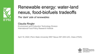 Renewable energy: water-land
nexus, food-biofuels tradeoffs
Claudia Ringler
Environment and Production Technology Division
International Food Policy Research Institute
April 19, 2022 | Penn State University WEF Nexus 597 (003 LEC, Class 27525)
The ‘dark’ side of renewables
 