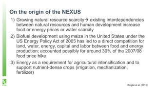 On the origin of the NEXUS
1) Growing natural resource scarcity→ existing interdependencies
between natural resources and ...