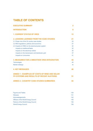 TABLE OF CONTENTS
EXECUTIVE SUMMARY 2
INTRODUCTION 8
1. CURRENT STATUS OF VRES 13
2. LESSONS LEARNED FROM THE CASE STUDIES 21
2.1 Power mix of the 32 country case studies 23
2.2 RES regulations, policies and economics 27
2.3 Impacts of VRES on the electrical power system 32
Impacts on traditional fleets 32
Impacts on the electricity market 35
Impacts on the transmission and distribution grid 37
Impacts on consumers 41
3. MEASURES FOR A SMOOTHER VRES INTEGRATION 44
Technologies 45
Market redesign 46
4. KEY MESSAGES 48
ANNEX 1 - EXAMPLES OF COSTS OF WIND AND SOLAR
PV SYSTEMS AND RESULTS OF RECENT AUCTIONS 51
ANNEX 2 - COUNTRY CASE STUDIES SUMMARIES 64
Figures and Tables 129
Glossary 131
Acknowledgements 132
Officers of the World Energy Council 135
Patrons of the World Energy Council 136
World Energy Council 138
 
