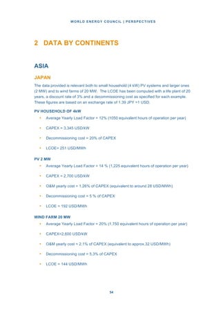 WORLD ENERGY COUNCIL | PERSPECTIVES
5454
2 DATA BY CONTINENTS
ASIA
JAPAN
The data provided is relevant both to small household (4 kW) PV systems and larger ones
(2 MW) and to wind farms of 20 MW. The LCOE has been computed with a life plant of 20
years, a discount rate of 3% and a decommissioning cost as specified for each example.
These figures are based on an exchange rate of 1.39 JPY =1 USD.
PV HOUSEHOLD OF 4kW
• Average Yearly Load Factor = 12% (1050 equivalent hours of operation per year)
• CAPEX = 3,345 USD/kW
• Decommissioning cost = 20% of CAPEX
• LCOE= 251 USD/MWh
PV 2 MW
• Average Yearly Load Factor = 14 % (1,225 equivalent hours of operation per year)
• CAPEX = 2,700 USD/kW
• O&M yearly cost = 1.26% of CAPEX (equivalent to around 28 USD/MWh)
• Decommissioning cost = 5 % of CAPEX
• LCOE = 192 USD/MWh
WIND FARM 20 MW
• Average Yearly Load Factor = 20% (1,750 equivalent hours of operation per year)
• CAPEX=2,600 USD/kW
• O&M yearly cost = 2.1% of CAPEX (equivalent to approx.32 USD/MWh)
• Decommissioning cost = 5.3% of CAPEX
• LCOE = 144 USD/MWh
 