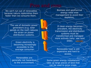 Pros and cons
 We can’t run out of renewables             Biomass and geothermal
because nature replenishes them                energy need wise
 faster than we consume them.              management to avoid their
                                                  depletion.


     The use of domestic power
                                              If clean energy becomes
       generators (e.g. solar
                                              prevalent, the electricity
     panels on the roof) reduces
                                           transmission and distribution
         the strain on power
                                                   systems must be
        distribution systems.
                                             transformed and managed
                                           more actively (why: see next
                                                        slide).
         Green electricity is
        becoming increasingly
          accessible to the
         average consumer.                   Renewable heat is still
                                             expensive and hard to
                                                    access.
           Renewables are
       generally not hazardous     Some green energy installations
         to the environment.       take up large pieces of land that
                                      can be used to grow crops.
 