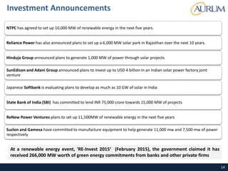 14
Investment Announcements
NTPC has agreed to set up 10,000 MW of renewable energy in the next five years.
Reliance Power has also announced plans to set up a 6,000 MW solar park in Rajasthan over the next 10 years.
Hinduja Group announced plans to generate 1,000 MW of power through solar projects
SunEdison and Adani Group announced plans to invest up to USD 4 billion in an Indian solar power factory joint
venture
Japanese Softbank is evaluating plans to develop as much as 10 GW of solar in India
State Bank of India (SBI) has committed to lend INR 75,000 crore towards 15,000 MW of projects
ReNew Power Ventures plans to set up 11,500MW of renewable energy in the next five years
Suzlon and Gamesa have committed to manufacture equipment to help generate 11,000 mw and 7,500 mw of power
respectively
At a renewable energy event, 'RE-Invest 2015‘ (February 2015), the government claimed it has
received 266,000 MW worth of green energy commitments from banks and other private firms
 