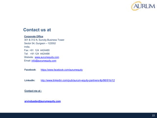 Contact us at
Corporate Office
301 & 312 A, Suncity Business Tower
Sector 54, Gurgaon – 122002
India.
Fax: +91 124 4424485
Tel: +91 124 4424488
Website : www.aurumequity.com
Email: info@aurumequity.com
Facebook: https://www.facebook.com/aurumequity
LinkedIn: http://www.linkedin.com/pub/aurum-equity-partners-llp/86/91b/12
Contact me at -
arvindyadav@aurumequity.com
22
 