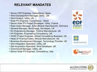 RELEVANT MANDATES Senior CSP Engineer, Consultancy, Spain Wind Development Manager, Utility , UK Wind Analyst, Utility, UK   Solar PV Engineer, Consultancy - Spain Senior Solar PV Project Developer, Utility, France Solar Sales Manager, Solar Module Manufacturer, Germany General Manager, Bio-Energy, Developer, UK EU Engineering Manager, Turbine Manufacturer, UK HV Engineer, Engineering Consultancy, UK HVDC Project Engineer, Global Consultancy Business, UK Head of Financed Sales, Module Manufacturer, UK Business Development Manager, Technology Provider, UK Grid Integration Specialist, Utility, UK Site Acquisition Specialist, Wind Developer, UK Commercial Manager, Utility, UK Senior Solar PV Engineer, Consultancy, Italy 