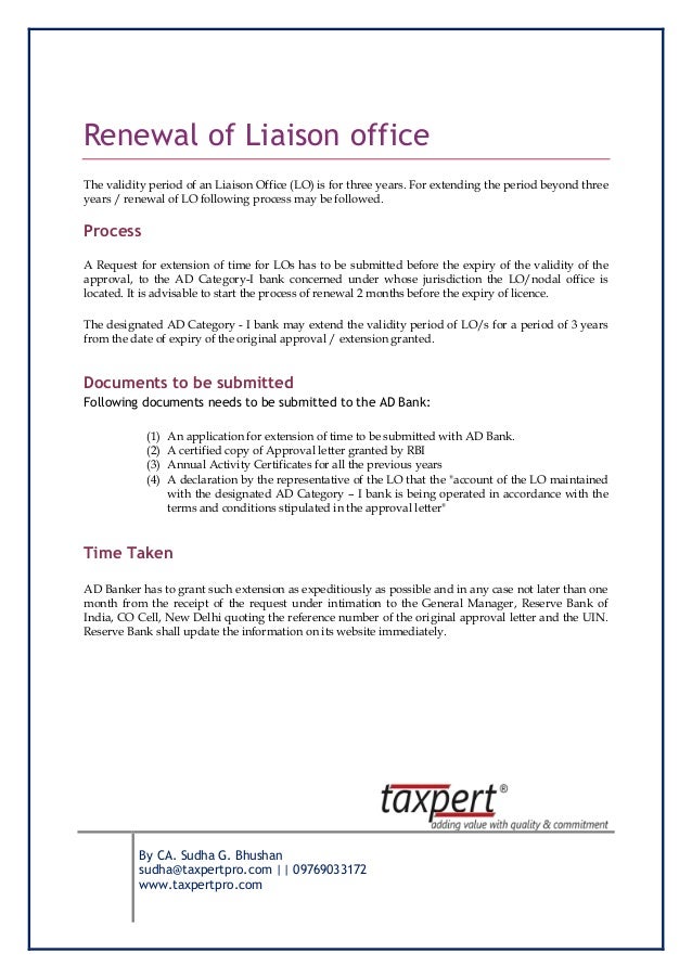 Renewal of Liaison Office by CA. Sudha G. Bhushan