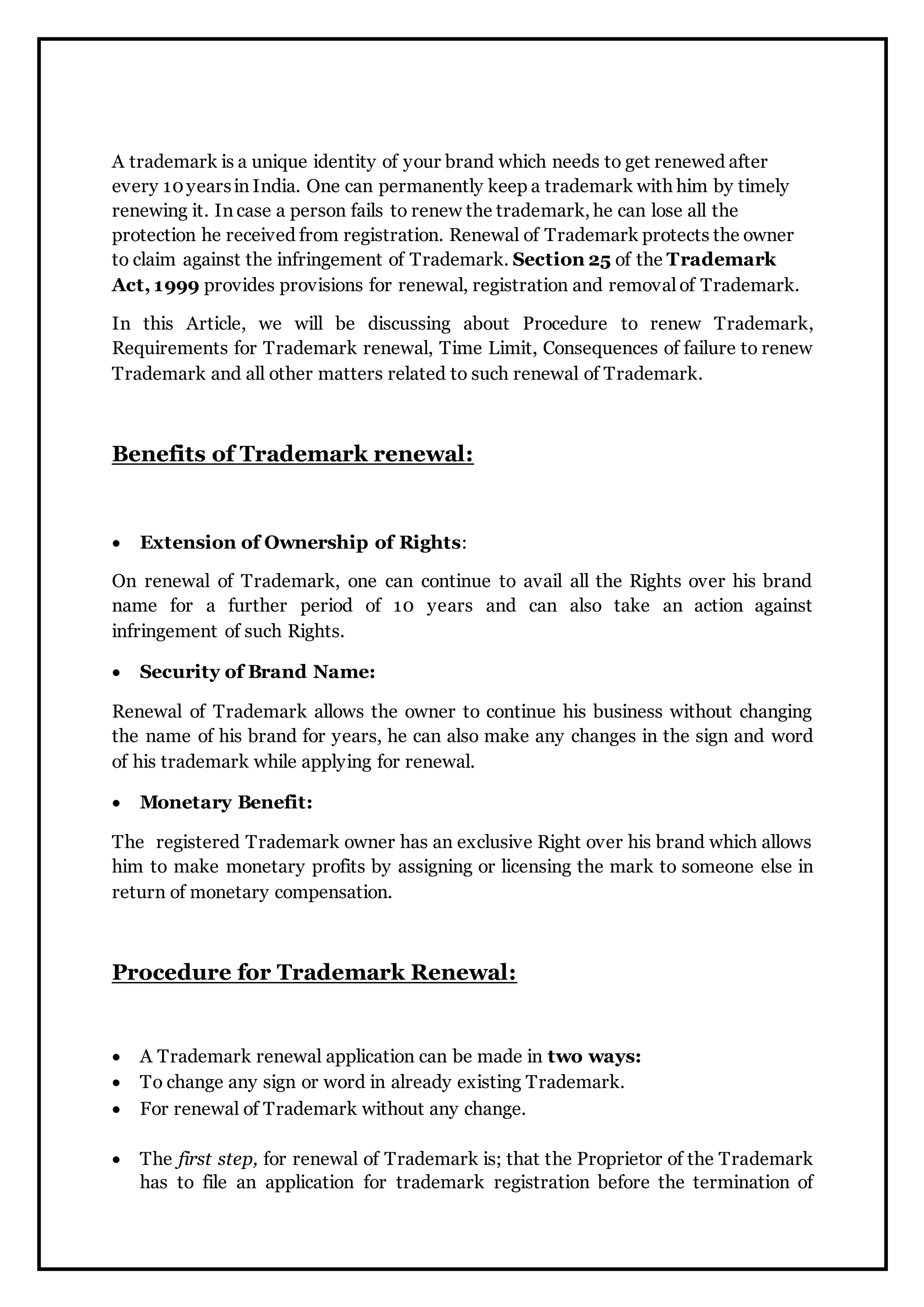 Renewal of trademark