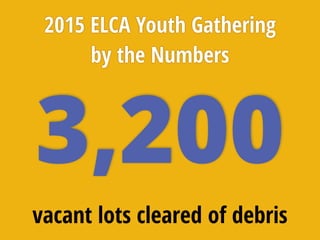 2015 ELCA Youth Gathering
by the Numbers
3,200
vacant lots cleared of debris
 