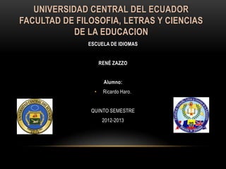 UNIVERSIDAD CENTRAL DEL ECUADOR
FACULTAD DE FILOSOFIA, LETRAS Y CIENCIAS
DE LA EDUCACION
ESCUELA DE IDIOMAS
RENÉ ZAZZO
Alumno:
• Ricardo Haro.
QUINTO SEMESTRE
2012-2013
 