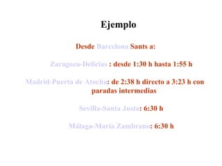 Ejemplo Desde  Barcelona  Sants  a:  Zaragoza-Delicias  : desde 1:30 h hasta 1:55 h  Madrid-Puerta de Atocha : de 2:38 h directo a 3:23 h con  paradas intermedias  Sevilla-Santa Justa : 6:30 h  Málaga-María Zambrano : 6:30 h  
