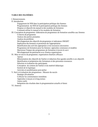 3
TABLE DES MATIÈRES
I. Remerciements
II. Introduction
Engagement du NDI dans la participation politique des femmes
Progra...