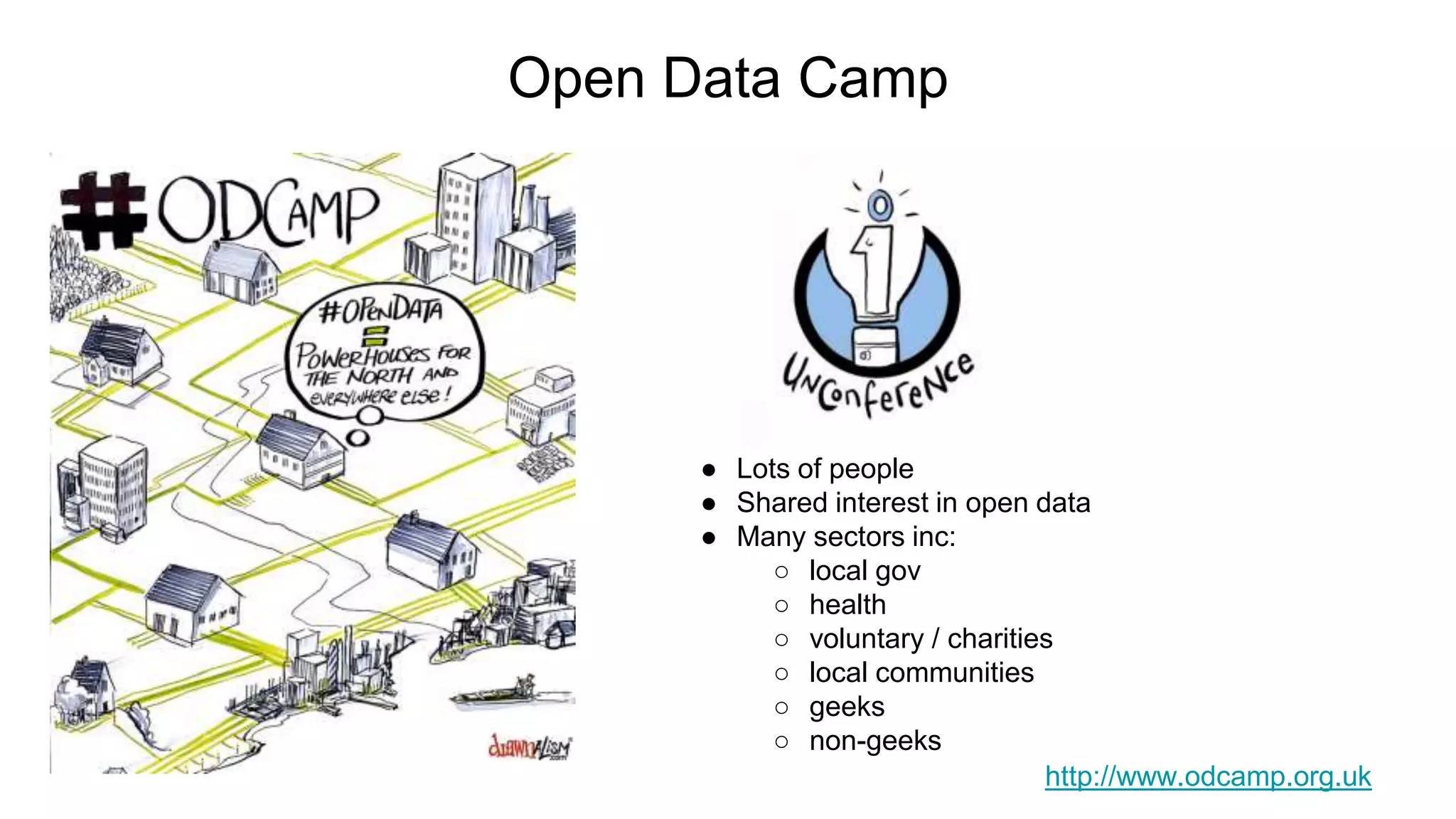 Open Data Camp
● Lots of people
● Shared interest in open data
● Many sectors inc:
○ local gov
○ health
○ voluntary / charities
○ local communities
○ geeks
○ non-geeks
http://www.odcamp.org.uk
 