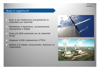 Nuon in vogelvlucht


  Nuon is een Nederlands energiebedrijf en
  onderdeel van Vattenfall

  Marktleider in Nederland, v...