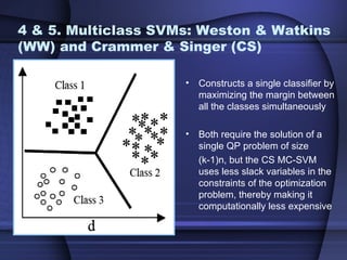 4 & 5. Multiclass SVMs: Weston & Watkins
(WW) and Crammer & Singer (CS)

                     •   Constructs a single classifier by
                         maximizing the margin between
                         all the classes simultaneously

                     •   Both require the solution of a
                         single QP problem of size
                         (k-1)n, but the CS MC-SVM
                         uses less slack variables in the
                         constraints of the optimization
                         problem, thereby making it
                         computationally less expensive
 