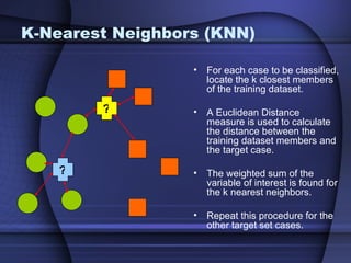 K-Nearest Neighbors (KNN)

                  •   For each case to be classified,
                      locate the k closest members
                      of the training dataset.

        ?         •   A Euclidean Distance
                      measure is used to calculate
                      the distance between the
                      training dataset members and
                      the target case.

    ?             •   The weighted sum of the
                      variable of interest is found for
                      the k nearest neighbors.

                  •   Repeat this procedure for the
                      other target set cases.
 