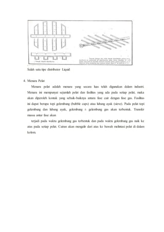 Salah satu tipe distributor Liquid
4. Menara Pelat
Menara pelat adalah menara yang secara luas telah digunakan dalam industri.
Menara ini mempunyai sejumlah pelat dan fasilitas yang ada pada setiap pelat, maka
akan diperoleh kontak yang sebaik-baiknya antara fase cair dengan fase gas. Fasilitas
ini dapat berupa topi gelembung (bubble caps) atau lubang ayak (sieve). Pada pelat topi
gelembung dan lubang ayak, gelembung ± gelembung gas akan terbentuk. Transfer
massa antar fase akan
terjadi pada waktu gelembung gas terbentuk dan pada waktu gelembung gas naik ke
atas pada setiap pelat. Cairan akan mengalir dari atas ke bawah melintasi pelat di dalam
kolom.
 