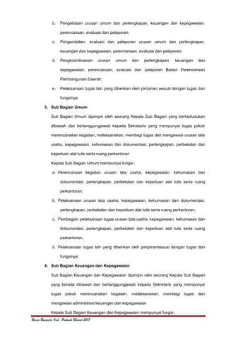 Renja Bappeda Kab. Pakpak Bharat 2017
b. Pengelolaan urusan umum dan perlengkapan, keuangan dan kepegawaian,
perencanaan, evaluasi dan pelaporan;
c. Pengendalian, evaluasi dan pelaporan urusan umum dan perlengkapan,
keuangan dan kepegawaian, perencanaan, evaluasi dan pelaporan;
d. Pengkoordinasian urusan umum dan perlengkapan, keuangan dan
kepegawaian, perencanaan, evaluasi dan pelaporan Badan Perencanaan
Pembangunan Daerah;
e. Pelaksanaan tugas lain yang diberikan oleh pimpinan sesuai dengan tugas dan
fungsinya
3. Sub Bagian Umum
Sub Bagian Umum dipimpin oleh seorang Kepala Sub Bagian yang berkedudukan
dibawah dan bertanggungjawab kepada Sekretaris yang mempunyai tugas pokok
merencanakan kegiatan, melaksanakan, membagi tugas dan mengawasi urusan tata
usaha, kepegawaian, kehumasan dan dokumentasi, perlengkapan, perbekalan dan
keperluan alat tulis serta ruang perkantoran
Kepala Sub Bagian Umum mempunyai fungsi :
a. Perencanaan kegiatan urusan tata usaha, kepegawaian, kehumasan dan
dokumentasi, perlengkapan, perbekalan dan keperluan alat tulis serta ruang
perkantoran;
b. Pelaksanaan urusan tata usaha, kepegawaian, kehumasan dan dokumentasi,
perlengkapan, perbekalan dan keperluan alat tulis serta ruang perkantoran;
c. Pembagian pelaksanaan tugas urusan tata usaha, kepegawaian, kehumasan dan
dokumentasi, perlengkapan, perbekalan dan keperluan alat tulis serta ruang
perkantoran;
d. Pelaksanaan tugas lain yang diberikan oleh pimpinansesuai dengan tugas dan
fungsinya.
4. Sub Bagian Keuangan dan Kepegawaian
Sub Bagian Keuangan dan Kepegawaian dipimpin oleh seorang Kepala Sub Bagian
yang berada dibawah dan bertanggungjawab kepada Sekretaris yang mempunyai
tugas pokok merencanakan kegiatan, melaksanakan, membagi tugas dan
mengawasi administrasi keuangan dan kepegawaian
Kepala Sub Bagian Keuangan dan Kepegawaian mempunyai fungsi :
 