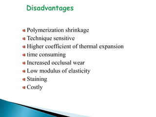 Polymerization shrinkage
Technique sensitive
Higher coefficient of thermal expansion
time consuming
Increased occlusal wear
Low modulus of elasticity
Staining
Costly
 