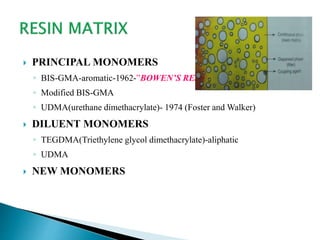  PRINCIPAL MONOMERS
◦ BIS-GMA-aromatic-1962-”BOWEN’S RESIN”
◦ Modified BIS-GMA
◦ UDMA(urethane dimethacrylate)- 1974 (Foster and Walker)
 DILUENT MONOMERS
◦ TEGDMA(Triethylene glycol dimethacrylate)-aliphatic
◦ UDMA
 NEW MONOMERS
 