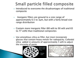 Introduced to overcome the disadvantages of traditional
composite
 Inorganic fillers are ground to a size range of
approximately 0.5 to 3µm, but with a fairly broad size
range distribution
 Contain more inorganic filler (80 wt% to 90 wt% and 65
to 77 vol%) than traditional composites
 Use amorphous silica as filler, but most incorporate
glasses that contain heavy metals for radiopacity. Colloidal
silica added in amounts of approximately 5 wt% to adjust
the viscosity of paste.
Silane-coated
silica or glass
(1-5 u)
Polymer
matrix
 
