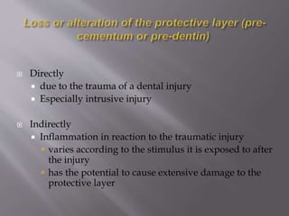  Directly
 due to the trauma of a dental injury
 Especially intrusive injury
 Indirectly
 Inflammation in reaction to the traumatic injury
 varies according to the stimulus it is exposed to after
the injury
 has the potential to cause extensive damage to the
protective layer
 