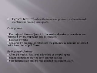  Typical feature:-when the trauma or pressure is discontinued,
spontaneous healing takes place.
Pathogenesis
The injured tissue adjacent to the root and surface cementum are
removed by macrophages and osteoclasts.
Takes 2-4 weeks
Repair is by progenitor cells from the pdl, new cementum is formed
with insertion of pdl fibres.
Radiographic features
After 2-4 weeks , localised widening of the pdl space
Slight cavitations may be seen on root surface
Very limited size-cant be recogonized radiographically.
 