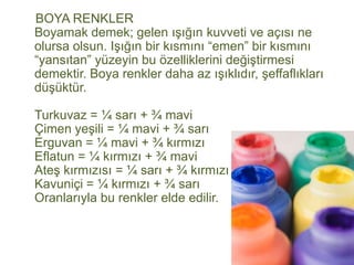 BOYA RENKLER
Boyamak demek; gelen ışığın kuvveti ve açısı ne
olursa olsun. Işığın bir kısmını “emen” bir kısmını
“yansıtan” yüzeyin bu özelliklerini değiştirmesi
demektir. Boya renkler daha az ışıklıdır, şeffaflıkları
düşüktür.

Turkuvaz = ¼ sarı + ¾ mavi
Çimen yeşili = ¼ mavi + ¾ sarı
Erguvan = ¼ mavi + ¾ kırmızı
Eflatun = ¼ kırmızı + ¾ mavi
Ateş kırmızısı = ¼ sarı + ¾ kırmızı
Kavuniçi = ¼ kırmızı + ¾ sarı
Oranlarıyla bu renkler elde edilir.
 